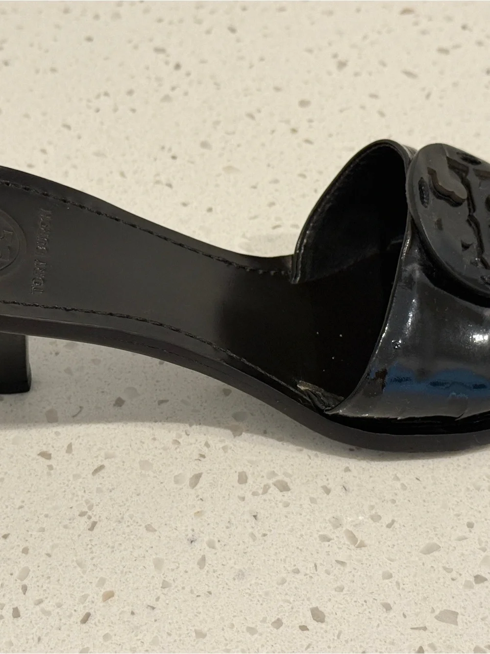 Tory Burch Black Patent Logo Slide Sandals